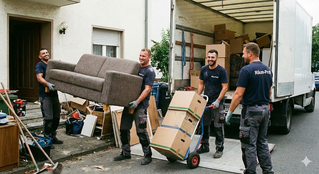 Helfer tragen Möbel und Kartons zu einem Transporter