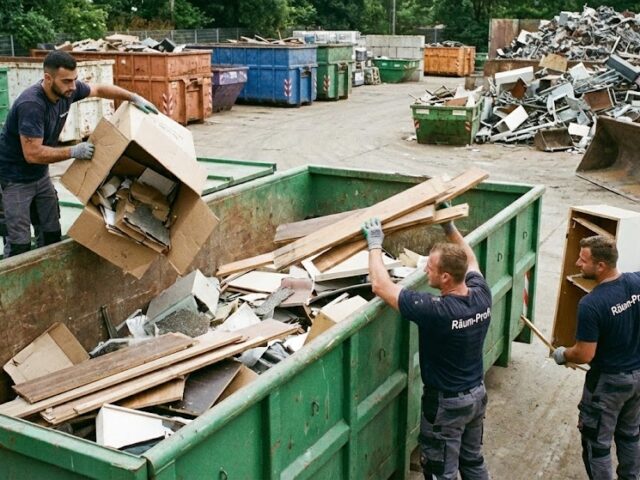 Helfer werfen Kartons und Sperrmüll in einen Container