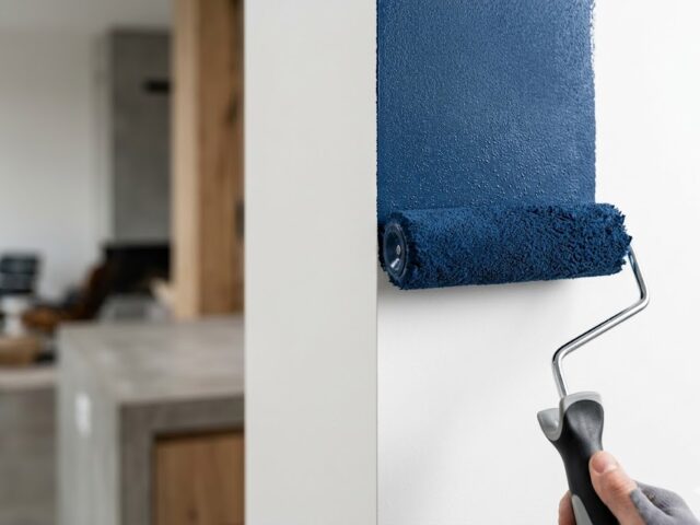 Farbroller trägt blaue Farbe auf eine weiße Wand auf